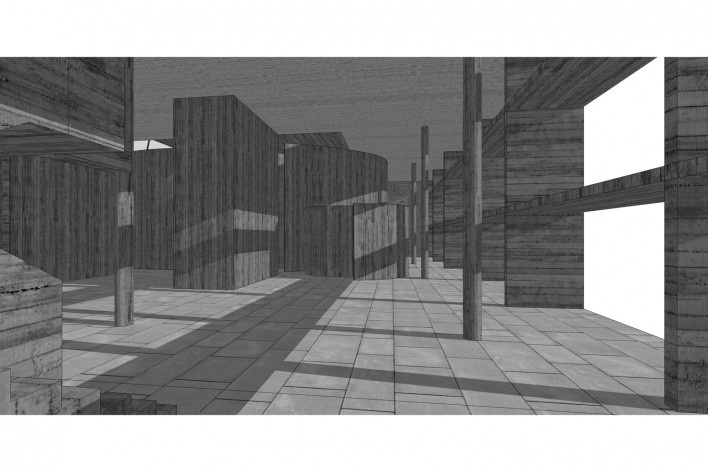 Associação da Indústria Têxtil, vista externa do edifício, Ahmedabad, Gujarat, Índia, 1954. Arquiteto Le Corbusier<br />Elaboração/ Elaboración Edson Mahfuz 