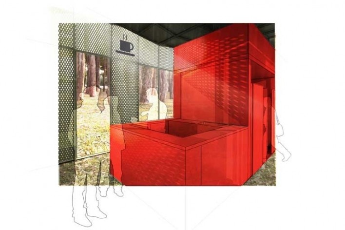 Projeto de quiosque para parques públicos de São Paulo. perspectiva interna.Pedro Varella, Amanda Arcuri. Menção honrosa categoria estudantes, 2009.