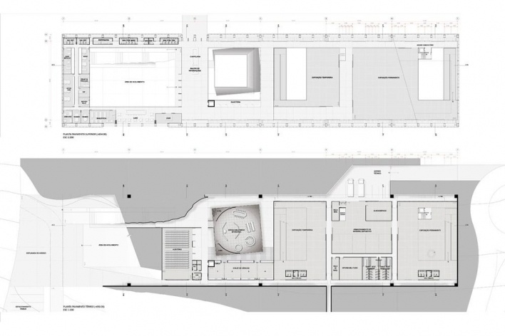 Concurso Internacional para Projeto Arquitetônico do Museu Exploratório de Ciências da Unicamp, plantas dos pavimentos térreo e superior, 1º lugar. Arquitetos Reinaldo Nishimura, Daniel Corsi e Dani Hirano, 2009<br />Desenhos equipe 