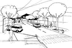 Croqui da rua Maravista, visualizando a praça Maralegre, ao fundo
  	  	 <br />Imagem do autor do projeto 