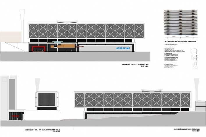 Centro de Referência em Empreendedorismo do Sebrae-MG, elevações, 1º lugar. Arquiteto Andreoni da Silva Prundêncio, 2008<br />Desenho escritório 