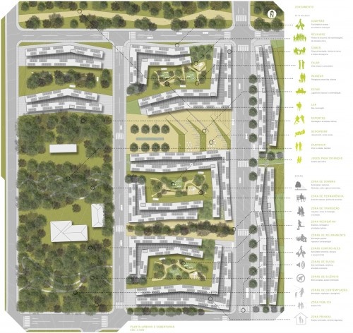 Implantação em Taboão da Serra. Concurso Habitação para Todos. CDHU. Edifícios de 6/7 pavimentos - 1º Lugar.<br />Autores do projeto  [equipe vencedora]