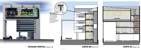 Fachada frontal e cortes transversais<br />Imagem dos autores do projeto 