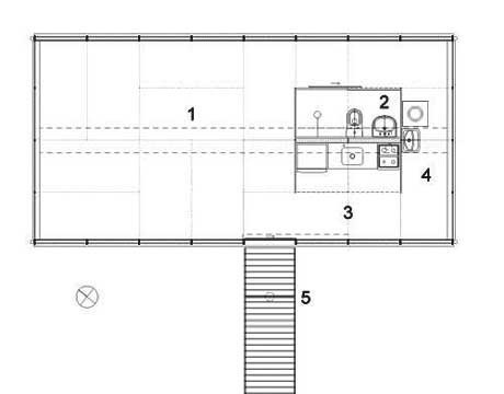 Planta – 1. uso múltiplo; 2. banho; 3. cozinha; 4. lavanderia; 5. ponte<br />Imagem dos autores do projeto 