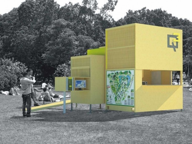 Projeto de quiosque para parques públicos de São Paulo, perspectiva principal.Beatriz Carra Bertho, Gabriela Ortega, Maíra de Camargo Barros, Mariela Mezalira, Ricardo Marchesini Galvão. 3º. prêmio categoria estudantes, 2009.