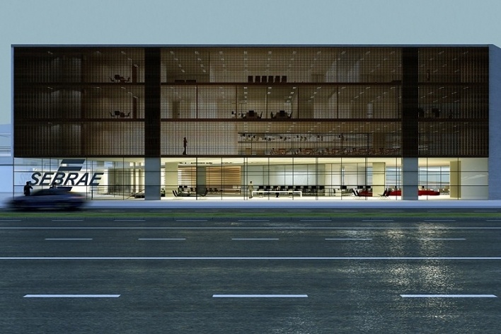Centro de Referência em Empreendedorismo do Sebrae-MG, vista frontal, menção honrosa. Arquitetos Danilo Ribeiro Cardoso Terra, Juliana Assali Terra e Pedro Tuma, 2008<br />Desenho escritório 