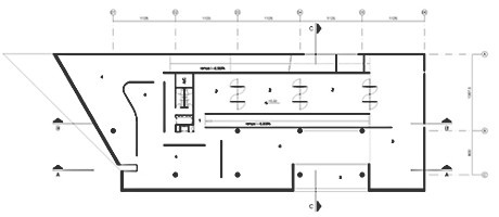 1º pavimento (chegada, exposição permanente – espaço sub-divisível, exposição permanente, exposição permanente – espaço sem compartimentos enclausurados, varanda)<br />Imagem dos autores do projeto 