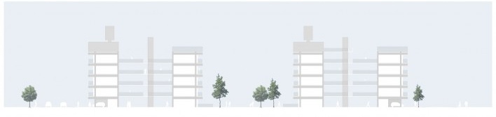 Corte transversal. Concurso Habitação para Todos. CDHU. Edifícios de 6/7 pavimentos - 2º Lugar.<br />Autores do projeto  [equipe premiada]