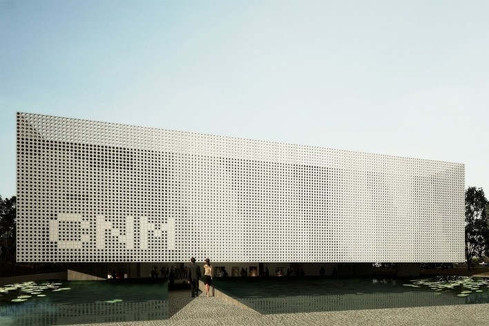 Perspectiva fachada externa. Concurso para a Sede da CNM em Brasília. Menção honrosa 4<br />divulgação 
