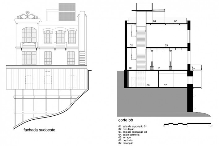 Casa do Carnaval, fachada sudoeste e corte bb, Salvador. Arquitetos Alexandre Prisco e Nivaldo Andrade<br />Desenho divulgação 