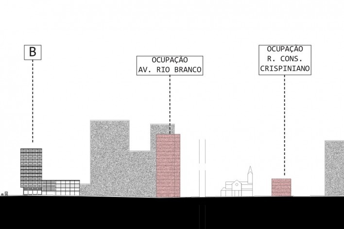 Projeto "À margem", corte passando pelos edifícios da proposta (continuação). Camila Ghendov, Mariana Simões da Costa e Vinicius Nakama, FAU Mackenzie<br />1º lugar 