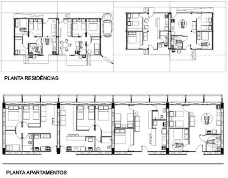 Plantas das residências e dos apartamentos<br />Imagem dos autores do projeto 
