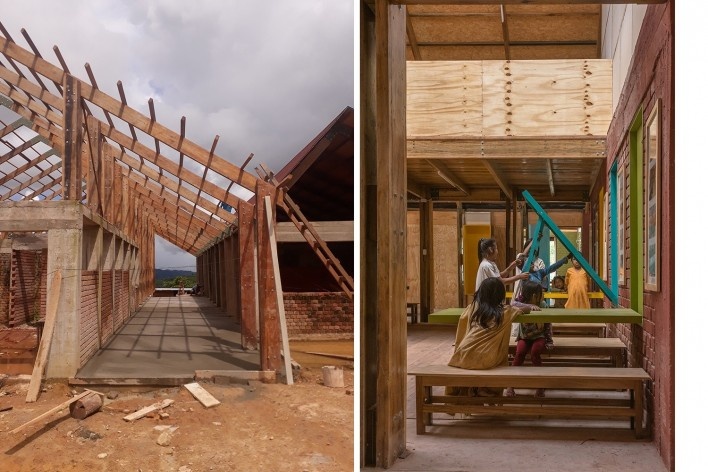 Escuela inicial y primaria Unión Alto Sanibeni, Comunidad Nativa Unión Alto Sanibeni, Pangoa, Junin, Perú, 2019. Arquitectos Marta Maccaglia, Raúl Arancibia, Giulia Perri y Susanna Olivieri / Asociación Semillas para el Desarrollo Sostenible<br />Equipo Semillas 
