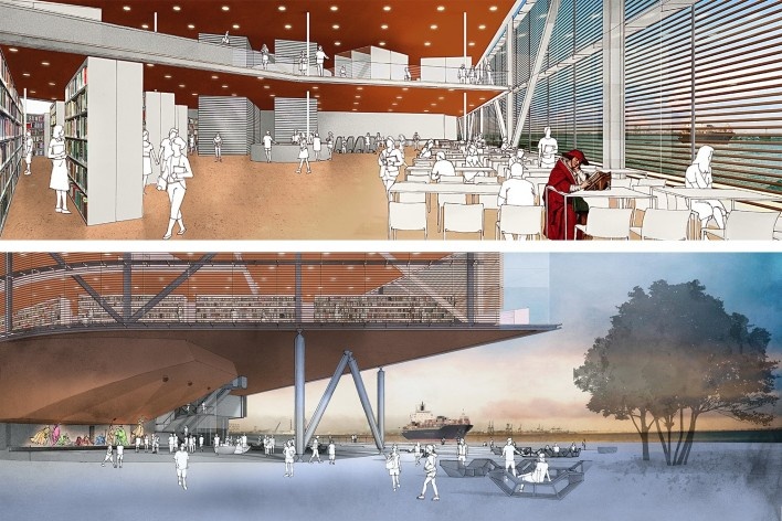 Concurso Anexo da Biblioteca Nacional, perspectivas, Rio de Janeiro, 1º lugar, arquiteto Hector Ernesto Vigliecca Gani<br />Imagem divulgação 