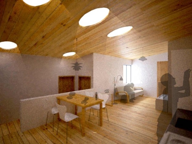 Perspectiva interna. Concurso Habitação para Todos CDHU. Casas escalonadas - Menção honrosa.<br />Autores do projeto  [equipe premiada]