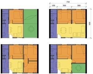Plantas baixas das possibilidades de ampliação (amarelo – estar, laranja – dormitórios, azul – área molhada, verde – área aberta)<br />Imagem dos autores do projeto 