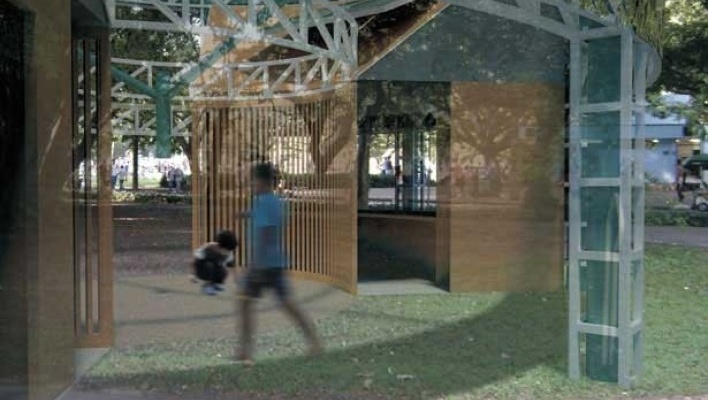 Projeto de quiosque para parques públicos de São Paulo. perspectiva interna. Amanda Landeiro, Camila Legey, Luana Lima, Mariana Villas-Bôas. Menção honrosa categoria estudantes, 2009.