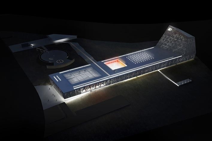 Concurso Internacional para Projeto Arquitetônico do Museu Exploratório de Ciências da Unicamp, vista aérea noturna, 1º lugar. Arquitetos Reinaldo Nishimura, Daniel Corsi e Dani Hirano, 2009<br />Imagem equipe 