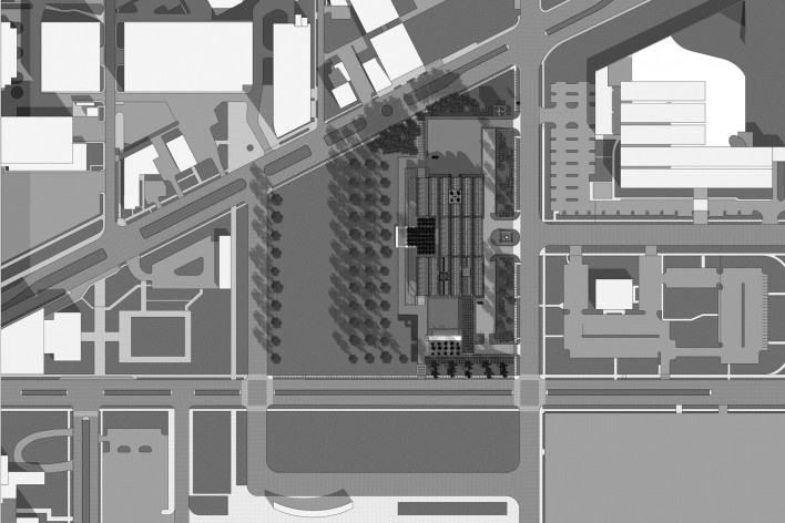 Museu de Arte Kimbell, vista aérea, Fort Worth, Texas, EUA, 1972. Arquiteto Louis I. Kahn<br />Modelo tridimensional Miguel Bernardi / Imagem Edson Mahfuz 