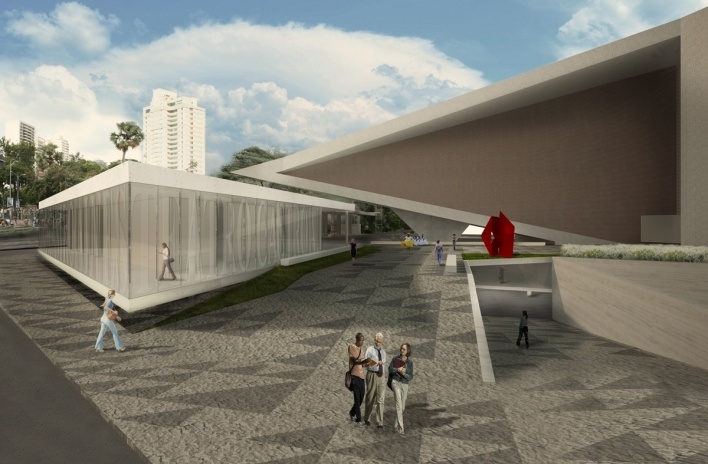 Complexo Teatro Castro Alves, acesso portaria Garcia, nível foyer. Cota 69.75 + acesso p-2 cota 63.50, Salvador, 1º lugar concurso. Estúdio América, 2010<br />Desenho escritório 