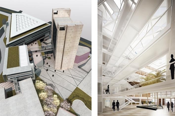 Centro de Referência em Empreendedorismo do Sebrae-MG, vista geral do conjunto e hall de circulação, 3º lugar. Arquiteto Enrique Hugo Brena, 2008<br />Desenhos escritório 