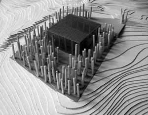 Inserção da maquete no terreno<br />Imagem dos autores do projeto 