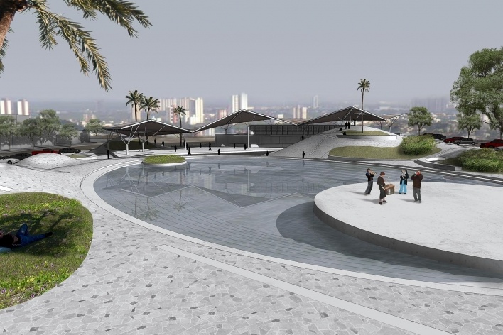 Praça do Natal, Natal RN Brasil, arena como lago, 2° lugar Concurso Público de Arquitetura. Estúdio América, 2009<br />Desenho escritório 