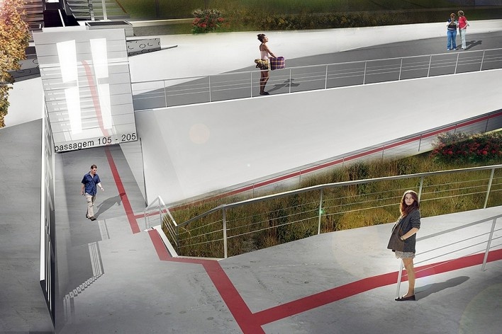 Perspectiva ilustrativa do acesso as passagens, mostrando a acessibilidade e a fácil integração da proposta com a superfície local de Brasília. Concurso Passagens sob o Eixão. Menção honrosa 5<br />divulgação 