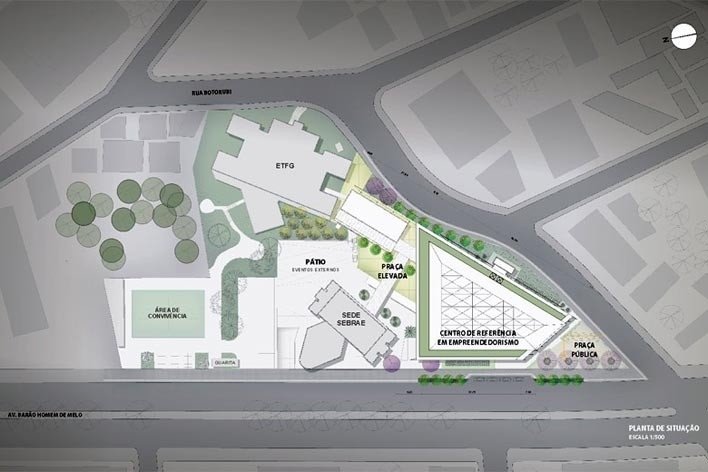 Centro de Referência em Empreendedorismo do Sebrae-MG, implantação, 3º lugar. Arquiteto Enrique Hugo Brena, 2008<br />Desenho escritório 