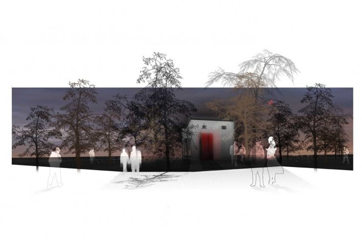 Projeto de quiosque para parques públicos de São Paulo. perspectiva noturna.Pedro Varella, Amanda Arcuri. Menção honrosa categoria estudantes, 2009.