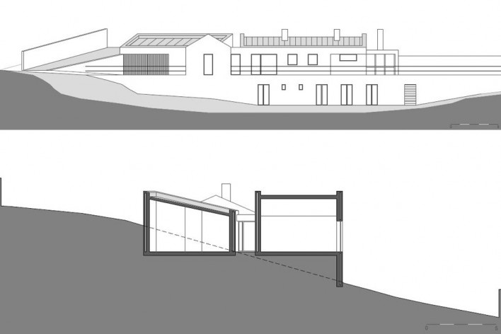 Casa no Figueiral, elevação e corte, Alcobaça, Portugal. Arquiteto Pedro Fonseca Jorge