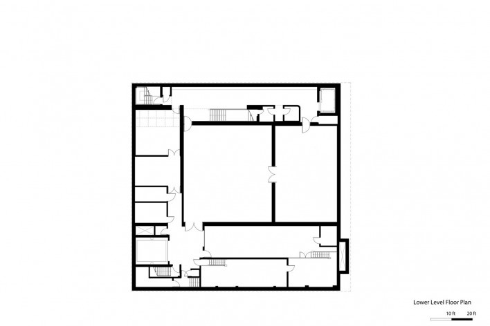 New Aspen Art Museum, Colorado, lower level plan. Shigeru Ban Architects