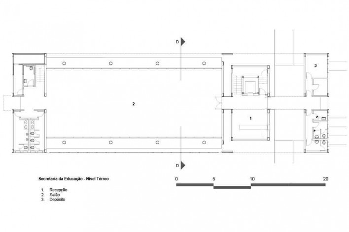 Fábrica de Sal – Centro Educacional de Ribeirão Pires, planta térreo da Secretaria de Educação, 2001-2003. Arquitetos Rafael Perrone e Márcio do Amaral<br />Imagem divulgação 