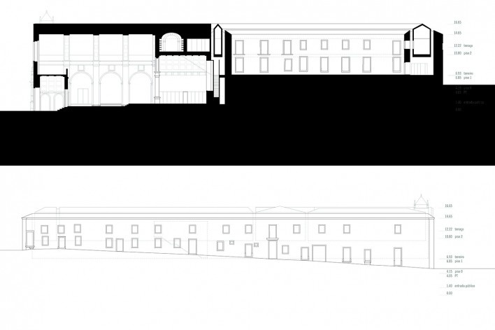 Reabilitação do Colégio da Trindade — Colégio Europeu, seção 3 e elevação norte,Coimbra, Portugal, 2016. Arquitetos Manuel Aires Mateus e Francisco Aires Mateus / Aires Mateus Arquitectos<br />Imagem divulgação/ disclosure image  [Aires Mateus Arquitectos]