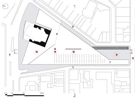 Planta:1.Rua Guimarães Rosa; 2.Rua Martinho Prado; 3.Praça de entrada da galeria; 4.Elevador; 5.Túnel; 6.Biblioteca; 7.Rua da Consolação; 8.Rua Augusta; 9.Galeria / Choperia; 10.Praça; 11.Rua de Livros; 12.Plano inclinado; 13.Sanitários; 14.Av. 9 de Julho<br />Imagem dos autores do projeto 