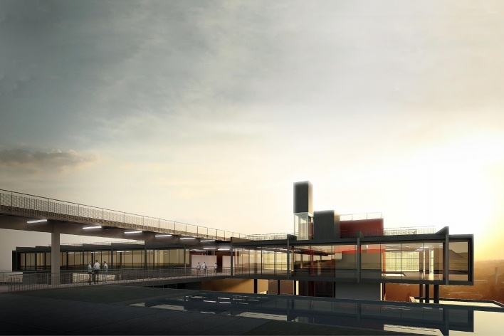 Concurso Internacional para Projeto Arquitetônico do Museu Exploratório de Ciências da Unicamp, vista posterior, menção honrosa. Arquitetos Alessandro Muzi, Hernani Paiva e Luiz Kuller, 2009<br />Imagem equipe 
