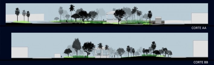 Concurso revitalização da Praça da Liberdade em Ipameri, cortes, João Gabriel Galiardi e Fabio Ucella.