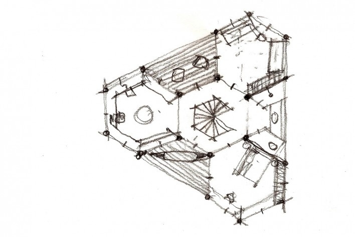 Casa do Lucas, planta do 2o andar com laboratório/biblioteca, 2 varandas, 2 dormitórios, banheiro, beira de lago genérico, arquiteto Marcos Acayaba