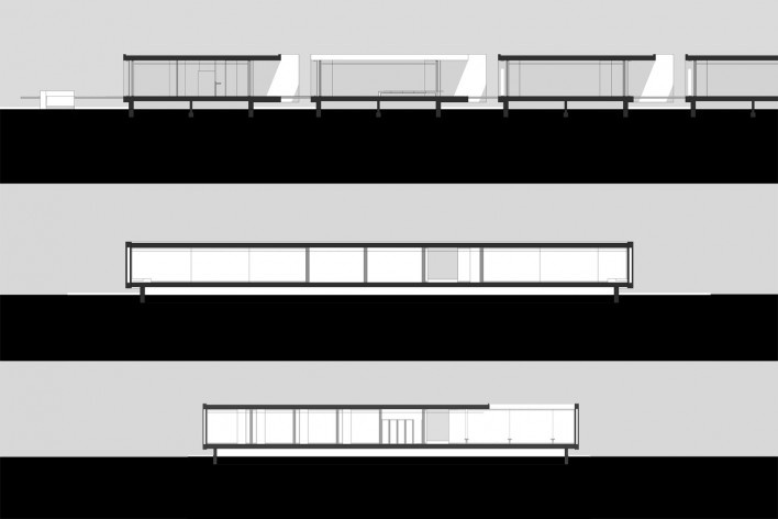 Aulário 3 (unidade de Alicante), cortes transversal e longitudinal, San Vicente del Raspeig, Alicante, Espanha, 2000. Arquiteto Javier Garcia-Solera<br />Redesenho Edson Mahfuz 