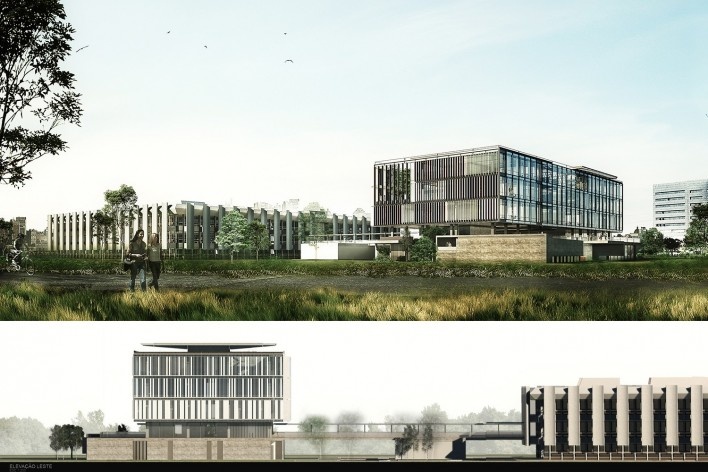 Vista da fachada oeste e elevação leste, Sede Administrativa da Câmara Municipal de Porto Alegre, 1º lugar, Corsi Hirano Arquitetos<br />Imagem divulgação 