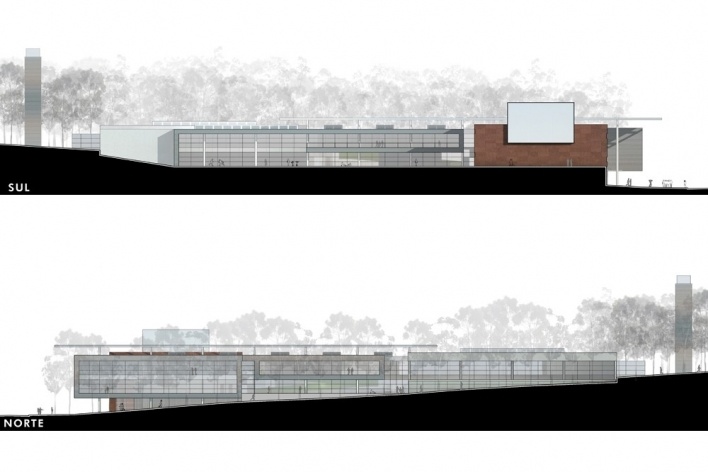 Concurso de Propostas Arquitetônicas para o futuro SESC Guarulhos, 1º lugar, elevações Sul e Norte. Arquitetos Renato Dal Pian e Lilian Dal Pian<br />Desenhos escritório 