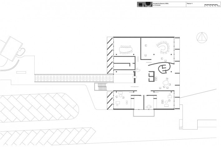 Associação da Indústria Têxtil, planta primeiro pavimento, Ahmedabad, Gujarat, Índia, 1954. Arquiteto Le Corbusier [Reprodução/ Reproducción website historiaenobres.net]