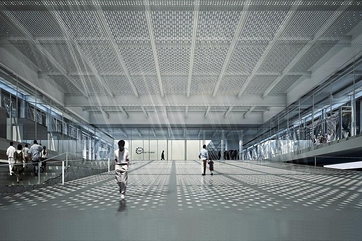 Concurso Internacional para Projeto Arquitetônico do Museu Exploratório de Ciências da Unicamp, vista interna da área de acolhimento, 1º lugar. Arquitetos Reinaldo Nishimura, Daniel Corsi e Dani Hirano, 2009<br />Imagem equipe 