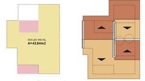 Área do núcleo inicial e caimento do telhado<br />Imagem dos autores do projeto 