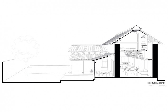 Casa de las Camas en el Aire, sección longitudinal, La Esperanza, Ibarra, Ecuador, 2017. Arquitectos David Barragán, Pascual Gangotena, Maríaluisa Borja y Esteban Benavides (autores) / Al Borde<br />Imagén divulgación / disclosure image  [Al Borde]