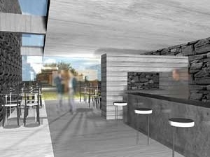 Interior do pórtico, café, sanitários, lojinhas e centro de informações dão apoio integral ao visitante<br />Imagem do autor do projeto 