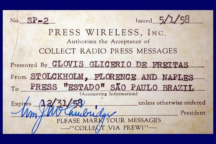 Credencial de jornalista do correpondente do jornal O Estado de S. Paulo, Clovis Glicerio de Freitas [Acervo Naydina Aranha de Freitas]