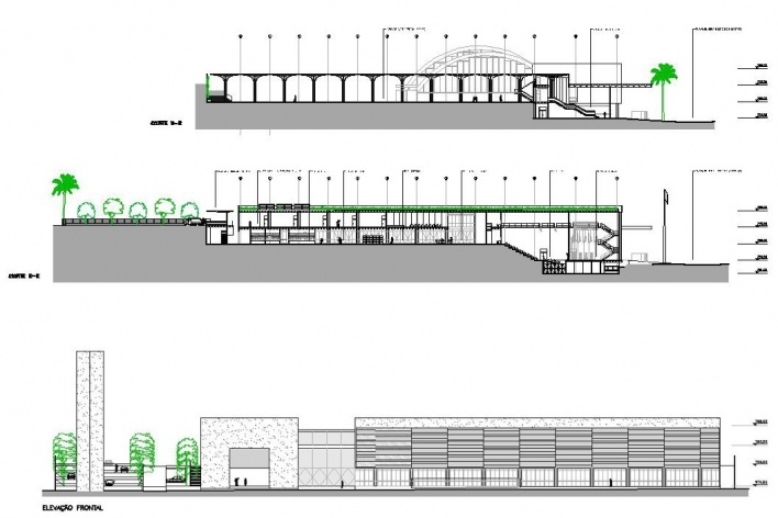 Concurso de Propostas Arquitetônicas para o futuro SESC Guarulhos, 5º lugar, cortes e elevação. Escritório Ricoy Torres Consultoria e Projetos<br />Desenhos divulgação 