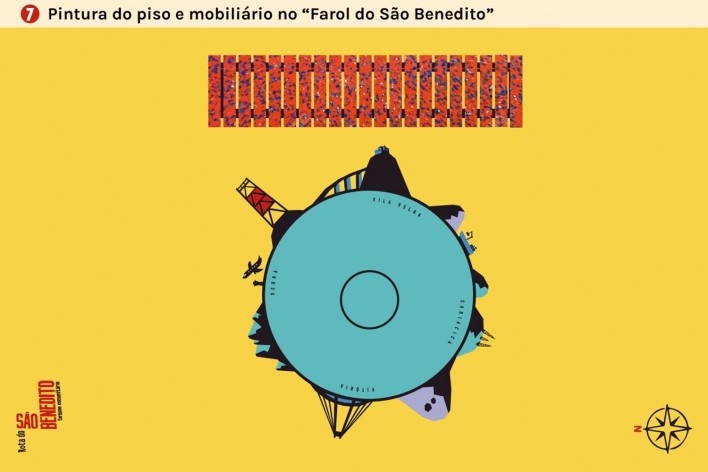 Rota do São Benedito, pintura do piso e do mobiliário no Farol São Benedito, Vitória ES. Arquitetos Juliana Lisboa e Renato Pontello / Cidade Quintal<br />Imagem divulgação  [Acervo Cidade Quintal]