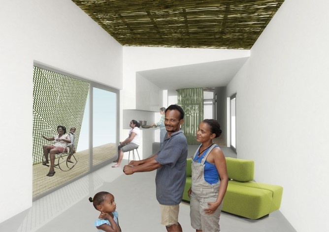 Perspectiva interna. Concurso Habitação para Todos. CDHU. Casas escalonadas - 2º Lugar.<br />Autores do projeto  [equipe vencedora]
